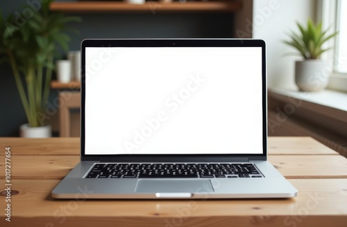 A modern laptop on a wooden table near a bright window with indoor plants during daylight hours