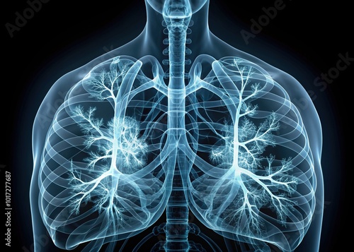 High-contrast X-ray image of human lungs, showcasing delicate bronchial tubes and diaphragm, with a subtle gradient effect and a dark gray background. photo