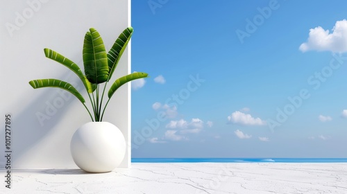 This artistic arrangement features a unique plant in a modern space, highlighting minimalism and tranquility. Bright colors and natural elements create a stylish atmosphere.