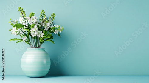 Beautiful white flowers in a soft mint green vase against a calming teal backdrop.