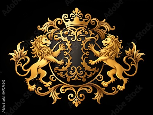 Intricately designed, gold-plated emblem with ornate filigree patterns, curly flourishes, and regal lions, perfect for luxury brands, high-end companies, or elite organizations.