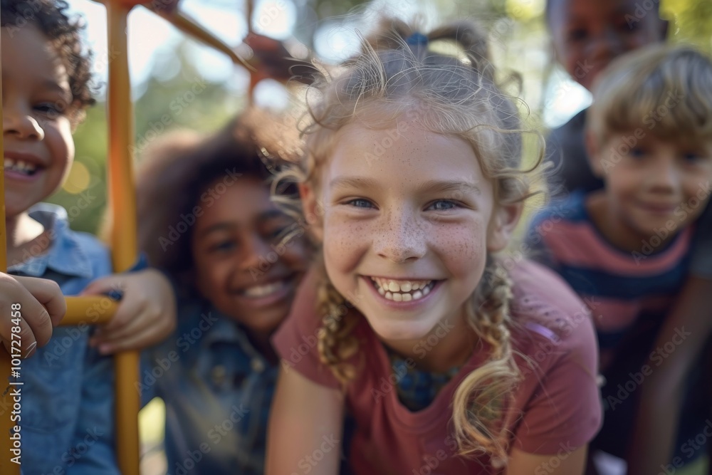 Group Of Children Having Fun On Playground, Focus On Smiling Girl Group Of Children Having Fun On Playground, Focus On Smiling Girl