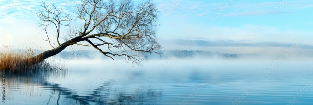 Fototapeta premium Serene landscape with a lone tree extending over a calm, misty lake under a clear blue sky.