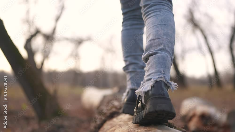 boy play in a forest park. A close-up of a child's feet walking along a log of a fallen tree. happy family child dream concept. girl child in sneakers walks lifestyle on a fallen tree in a park boy play in a forest park. A close-up of a child's feet walking along a log of a fallen tree. happy family child dream concept. girl child in sneakers walks lifestyle on a fallen tree in a park