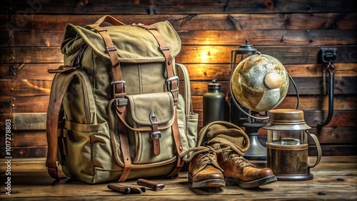 Rugged military backpack with canvas material and multiple pockets, strapped on a wooden floor, surrounded by adventure gear and a vintage globe in the background. photo