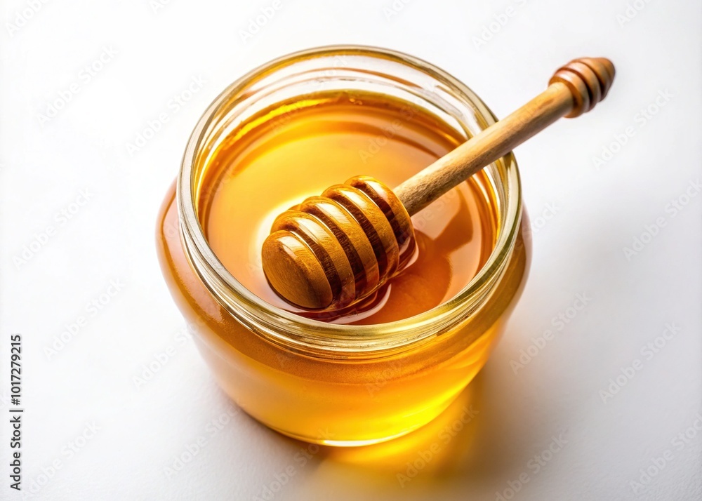 Texture of Golden Honey in Clear Container on White Background, Perfect for Natural Food, Sweetness, and Culinary Uses Texture of Golden Honey in Clear Container on White Background, Perfect for Natural Food, Sweetness, and Culinary Uses