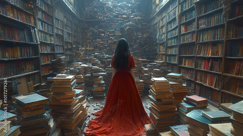 Obraz premium Woman in Red Dress Standing in a Library Filled with Books
