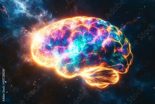 Vivid digital art of a glowing brain in space, showcasing creativity and innovation in a cosmic setting.