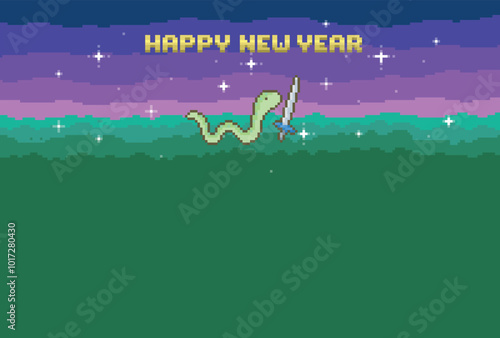 夜の草原をたくましく進む勇者の蛇。懐かしいドット絵の年賀状素材