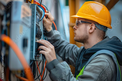 industrial worker on electrical panel wearing safety glasses and organge helmet, wires connected to switch box and power lines, energy network expansion, photorealistic, OeE photo