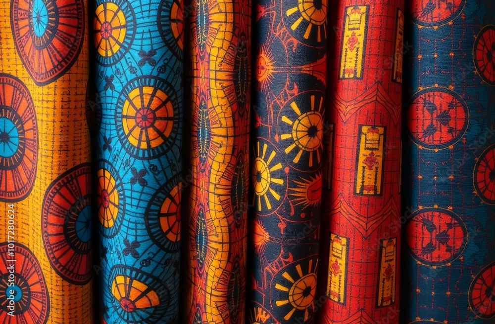 Vibrant collection of traditional fabric showcasing intricate patterns and vivid colors at a cultural market Vibrant collection of traditional fabric showcasing intricate patterns and vivid colors at a cultural market