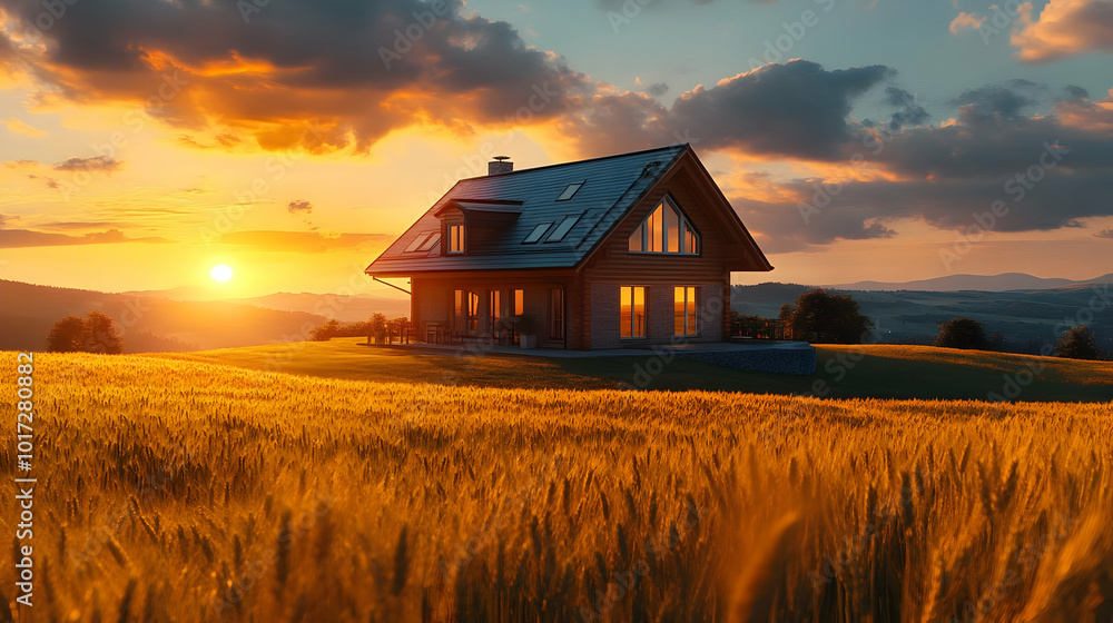 A serene sunset view of a house surrounded by golden fields. A serene sunset view of a house surrounded by golden fields.