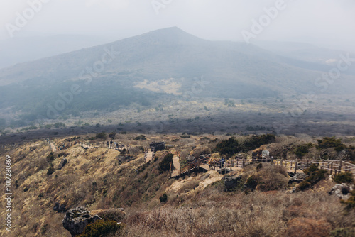 Hallasan National Park, Jeju island, South Korea, spring landscape view of Yeongsil trail, Halla volcano peak, trekking and climbing to Halla mountain, travel and hiking in Korea, Jeju-do, sunny day photo