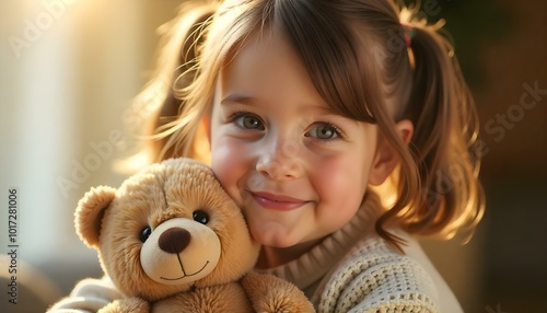 Young smiling Caucasian girl child with brown hair hugging a teddy bear