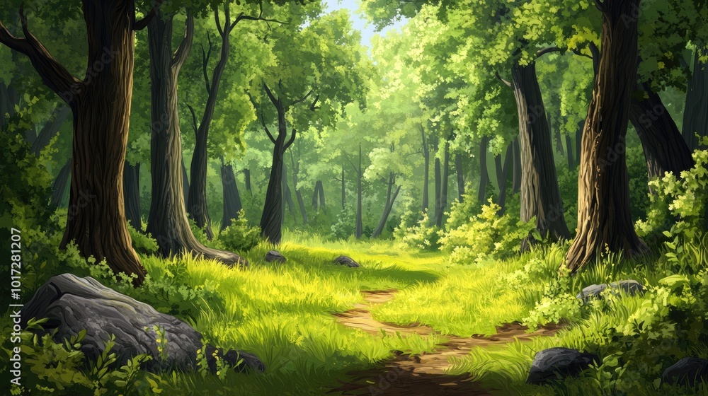 Obraz premium A Sunlit Path Through a Lush, Green Forest
