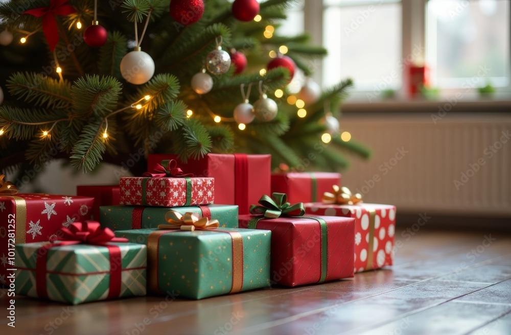 Christmas presents arranged beautifully under a decorated tree with soft lighting in a cozy living room Christmas presents arranged beautifully under a decorated tree with soft lighting in a cozy living room