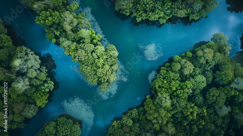 Aerial view of a lush green forest with a turquoise body of water flowing through it.