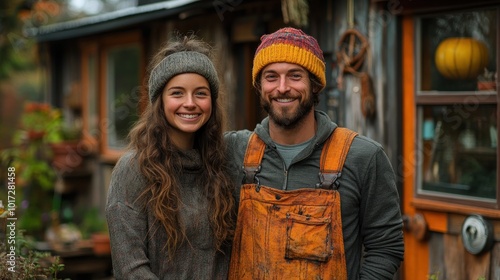 Happy Couple Standing in Front of Their Home