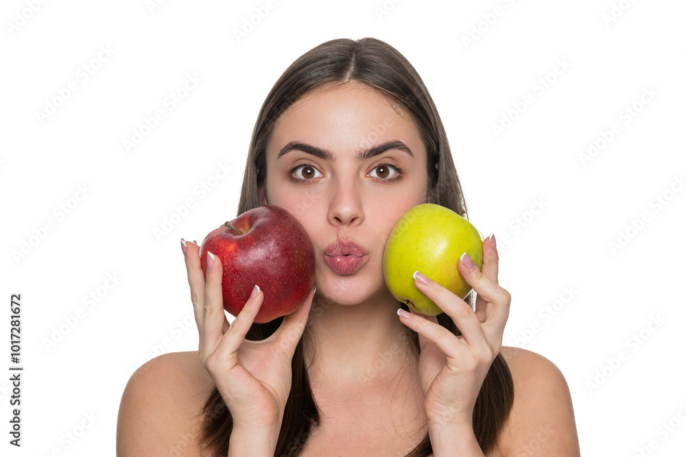 Skincare and diet. Young woman dieting. Apple detox. Healthy lifestyle diet. Caucasian woman biting fresh apple isolated on white. Healthy food vitamin. Natural organic products Skincare and diet. Young woman dieting. Apple detox. Healthy lifestyle diet. Caucasian woman biting fresh apple isolated on white. Healthy food vitamin. Natural organic products