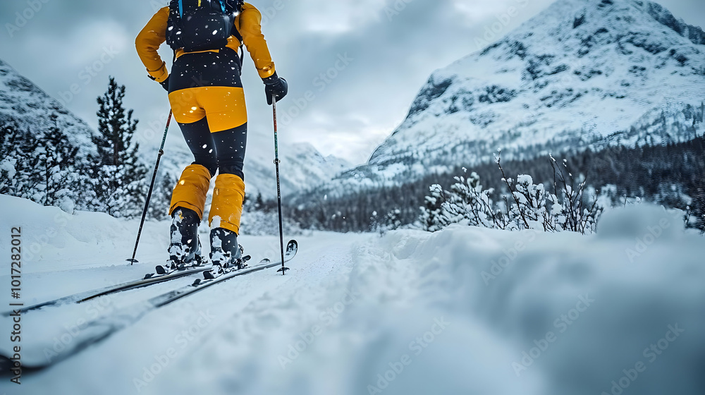 A skier navigating a snowy landscape with mountains in the background. A skier navigating a snowy landscape with mountains in the background.