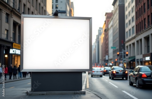 Empty advertising billboard on a busy city street with cars passing by during daytime