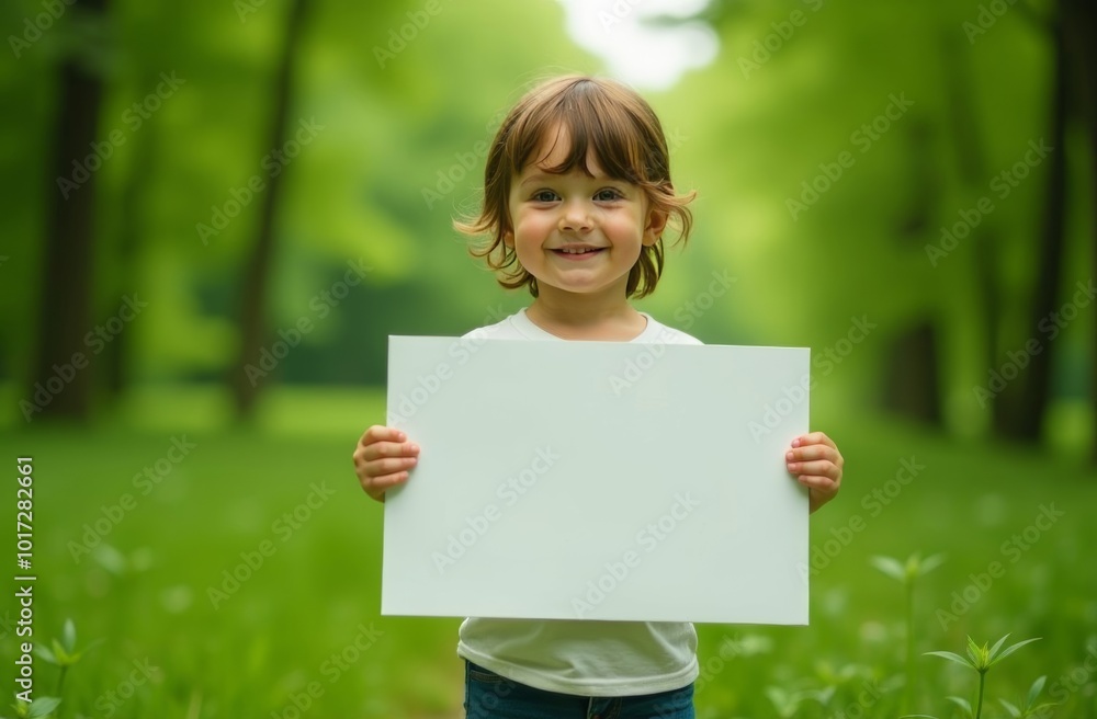 Young child smiles while holding a blank sign in a vibrant green forest during daylight hours Young child smiles while holding a blank sign in a vibrant green forest during daylight hours