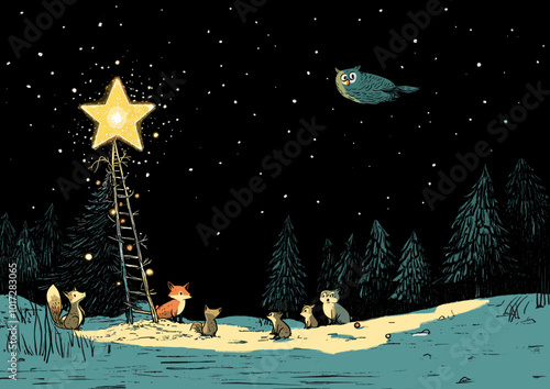 A group of woodland animals, including a fox and owls, admiring a glowing star on a tree ladder in a peaceful forest under a starry night sky