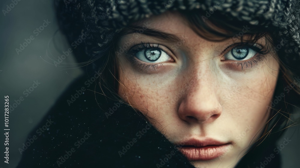 Close-up portrait of a young woman with striking blue eyes and freckles. Her expression is intense and focused, creating a mysterious and alluring mood. Close-up portrait of a young woman with striking blue eyes and freckles. Her expression is intense and focused, creating a mysterious and alluring mood.