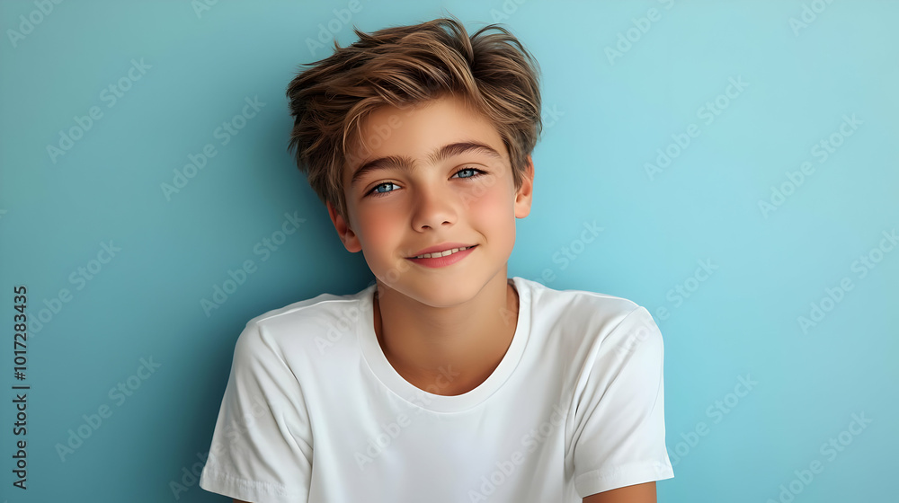 A smiling boy with light hair against a blue background. A smiling boy with light hair against a blue background.