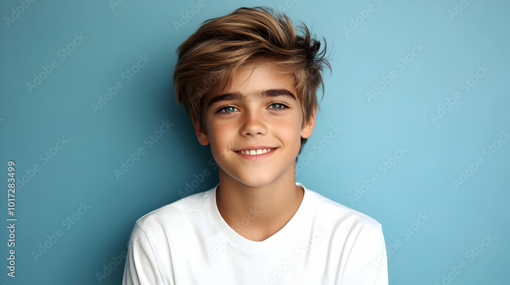 A smiling boy with tousled hair against a blue background. A smiling boy with tousled hair against a blue background.