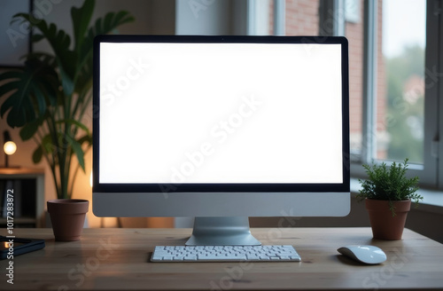 A modern workspace featuring a blank computer screen, plants, and natural light during daytime in a cozy environment