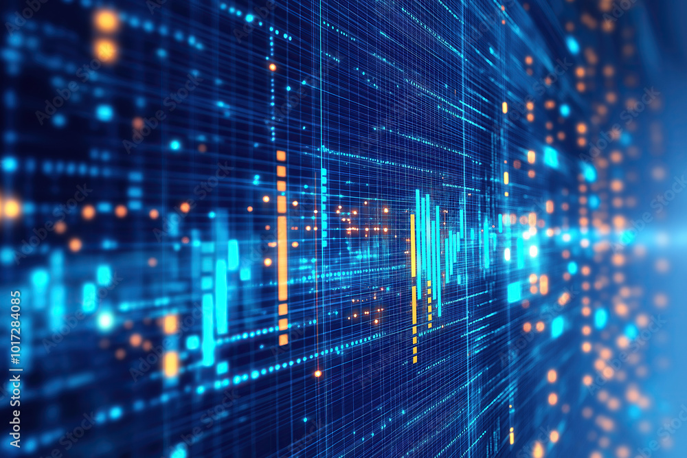 business chart, cyber stock market in blue and orange lights, technology, digital financial data, trading charts, glowing lines and dots, bokeh, photorealistic business chart, cyber stock market in blue and orange lights, technology, digital financial data, trading charts, glowing lines and dots, bokeh, photorealistic