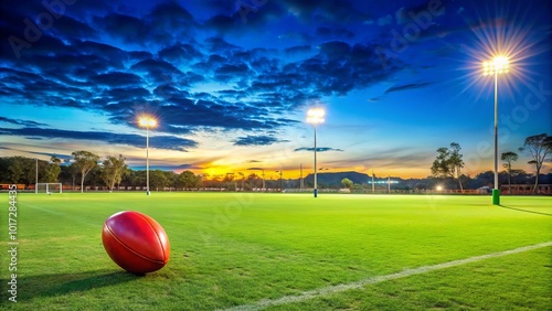 Vibrant Australian Rules Football on Grass Field Ready for Play Under a Clear Blue Sky