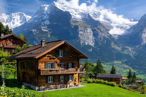 A picturesque wooden chalet surrounded by majestic mountains and lush greenery.