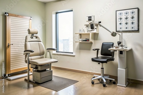 A classic eye exam room setup featuring a large, detailed Snellen chart on the wall, with a patient's chair and eye exam equipment nearby. photo