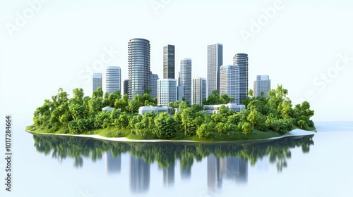 A Modern City Skyline Surrounded by Lush Green Trees and Reflected in a Calm Lake