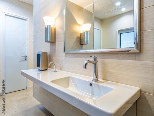 A clean and modern public restroom sink with soap dispenser and faucet, set against a bright white wall with a reflection in the mirror.