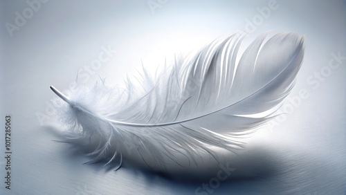 A delicate white feather lying on a pristine white background, symbolizing trust, purity, and innocence, evoking a sense of serenity and peacefulness.