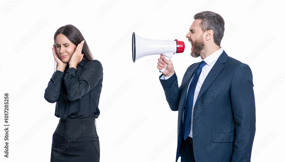 rivalry concept. business conflict. businessman shouting on employee in loudspeaker isolated on white. business man has conflict with partner about promotion. businessman solving conflict. too loud rivalry concept. business conflict. businessman shouting on employee in loudspeaker isolated on white. business man has conflict with partner about promotion. businessman solving conflict. too loud