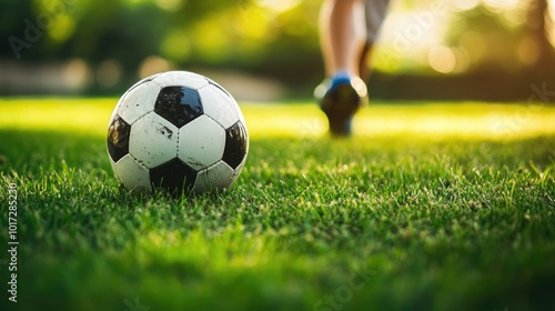 Action shot of a soccer ball rolling across the grass, with a player's foot just out of frame, ready to kick it into motion.