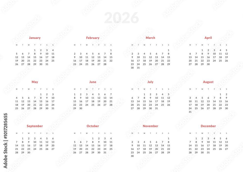 2026 Annual Calendar template. Vector layout of a wall or desk simple calendar with week start Monday. Page for size A4 or 21x29.7 2026 Annual Calendar template. Vector layout of a wall or desk simple calendar with week start Monday. Page for size A4 or 21x29.7