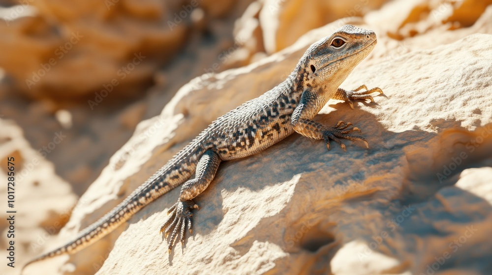 Naklejka premium A close-up of a lizard basking on a sun-soaked rock in the desert, showcasing the intricate details of its scales and the surrounding sand.