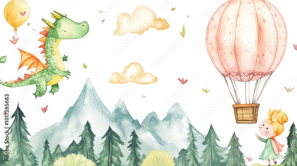 Watercolor Illustration of a Dragon, Hot Air Balloon, and Girl in a Forest Setting