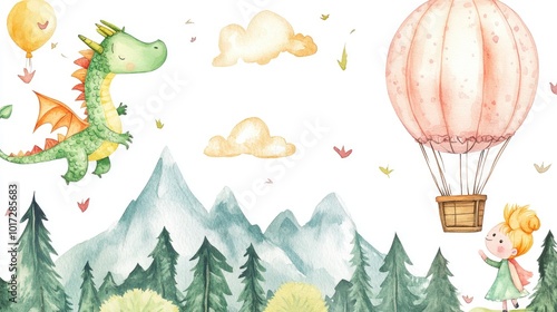 Obraz na płótnie Watercolor Illustration of a Dragon, Hot Air Balloon, and Girl in a Forest Setting w salonie