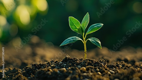 A close-up of a young plant growing from the ground, surrounded by rich soil and tiny pebbles, symbolizing resilience and life.