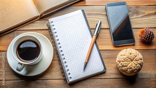 A modern smartphone lies open on a desk, surrounded by notebooks, pens, and coffee cups, symbolizing the concept of a personal digital assistant or second brain. photo