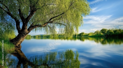 A lone willow tree by the edge of a calm river, with its branches reflecting in the water, creating a tranquil and picturesque scene.