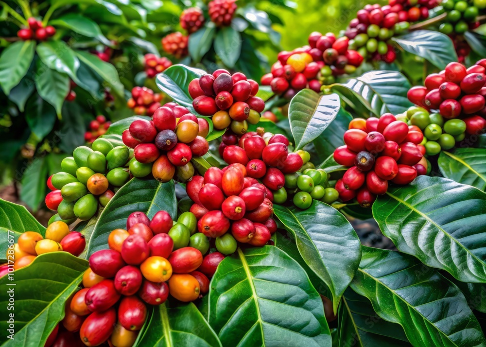 Vibrant green leaves and blossoms grace a lush coffee shrub, flourishing in a serene outdoor landscape, perfectly Vibrant green leaves and blossoms grace a lush coffee shrub, flourishing in a serene outdoor landscape, perfectly
