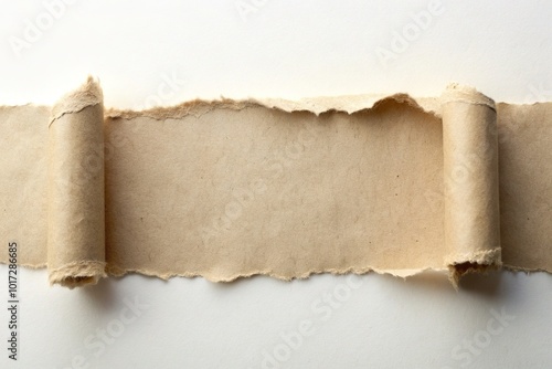 A Ripped And Rolled-Up Piece Of Paper With Frayed Edges, Revealing A Blank Background And Imperfections. photo