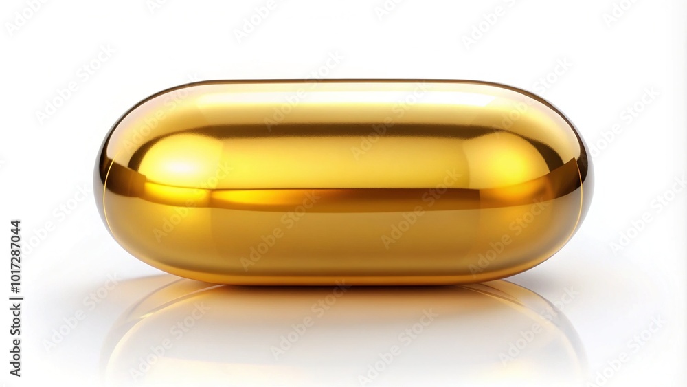 A shiny gold capsule with a rounded shape and reflective surface lies isolated on a white background, conveying luxury, elegance, and high-end quality. A shiny gold capsule with a rounded shape and reflective surface lies isolated on a white background, conveying luxury, elegance, and high-end quality.